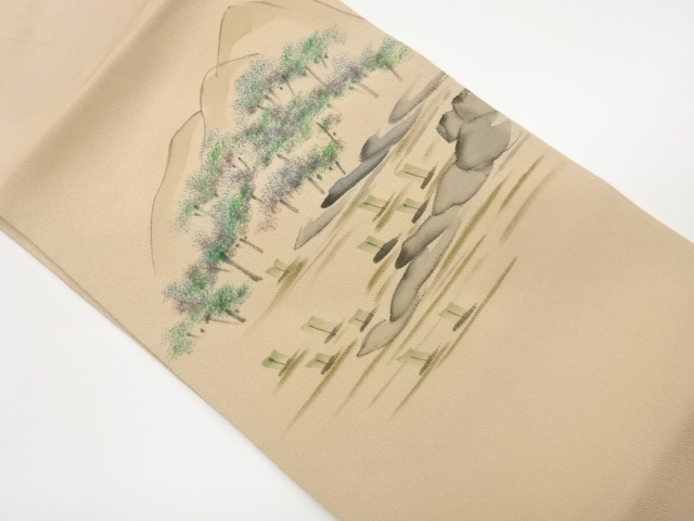 JAPANESE KIMONO / HAND-PAINTED GOLD-COLORED SAILBOAT / PLANTS / MOUNTA